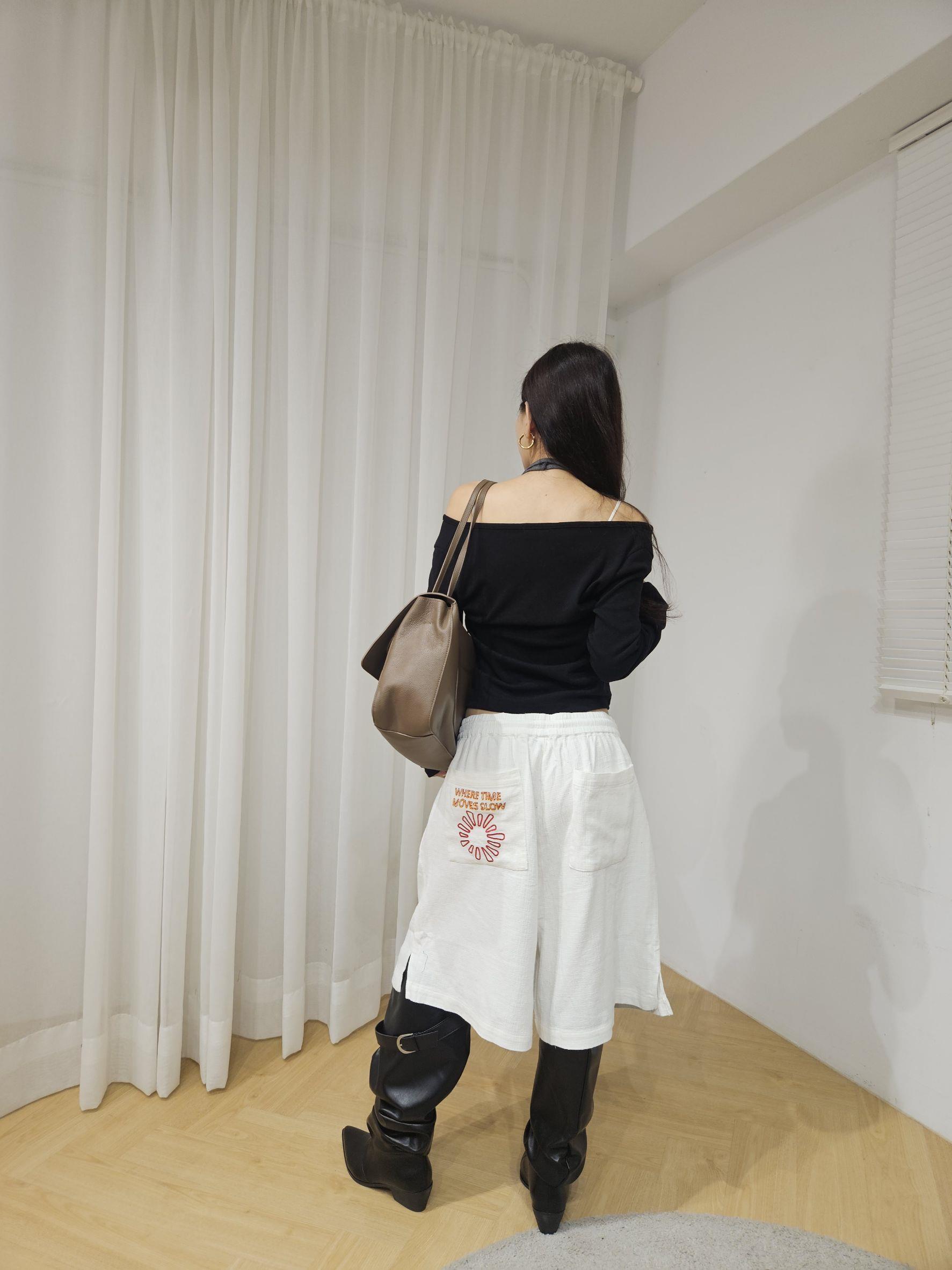 刺繡塗鴉編織麻料五分褲
